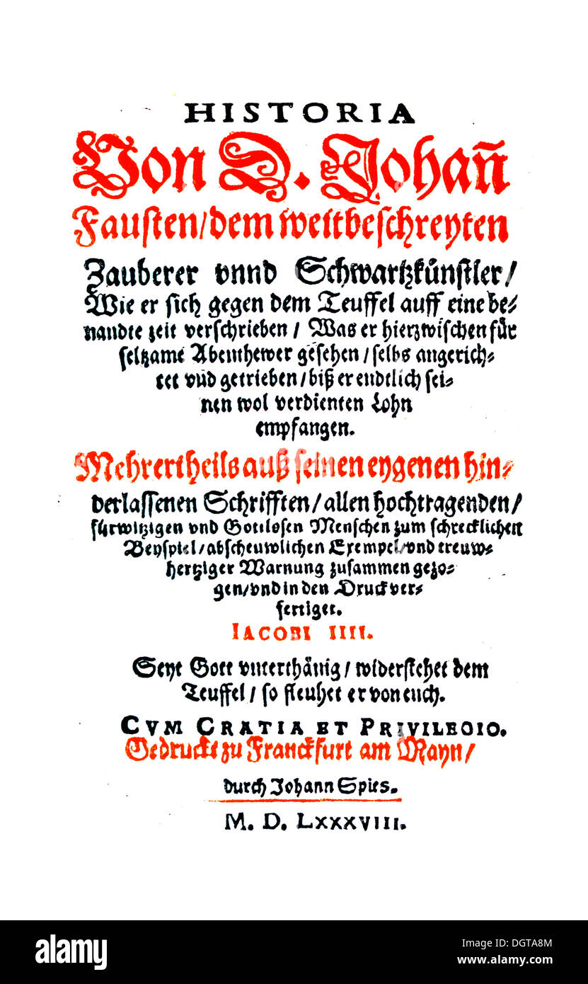 Cover of the very rare second edition of the "Historia von D. Johann Fausten", historic depiction in Deutsche Stock Photo