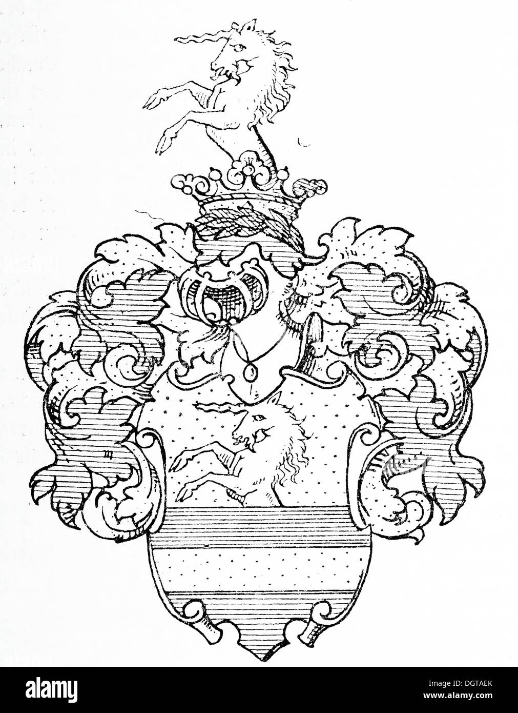 Schiller's coat of arms, historical illustration in Deutsche Literaturgeschichte or German literature from 1885 Stock Photo
