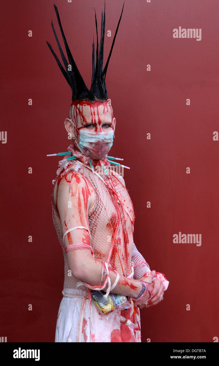 Young man, covered in fake blood, makeup, Wave-Gotik-Treffen festival, Leipzig, Saxony Stock Photo