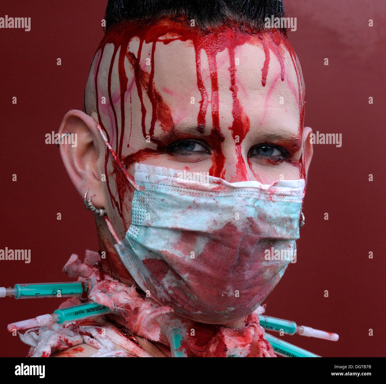 Young man, covered in fake blood, makeup, portrait, Wave-Gotik-Treffen festival, Leipzig, Saxony Stock Photo