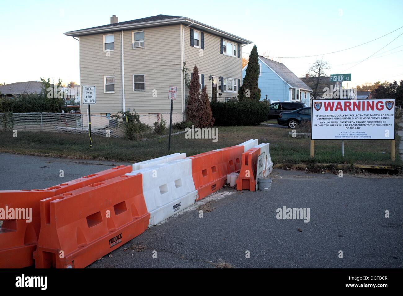 Roads remain closed in Sayreville, New Jersey, USA one year after Hurricane Sandy devastated the town.  Government buyouts of flood prone homes has begun Stock Photo