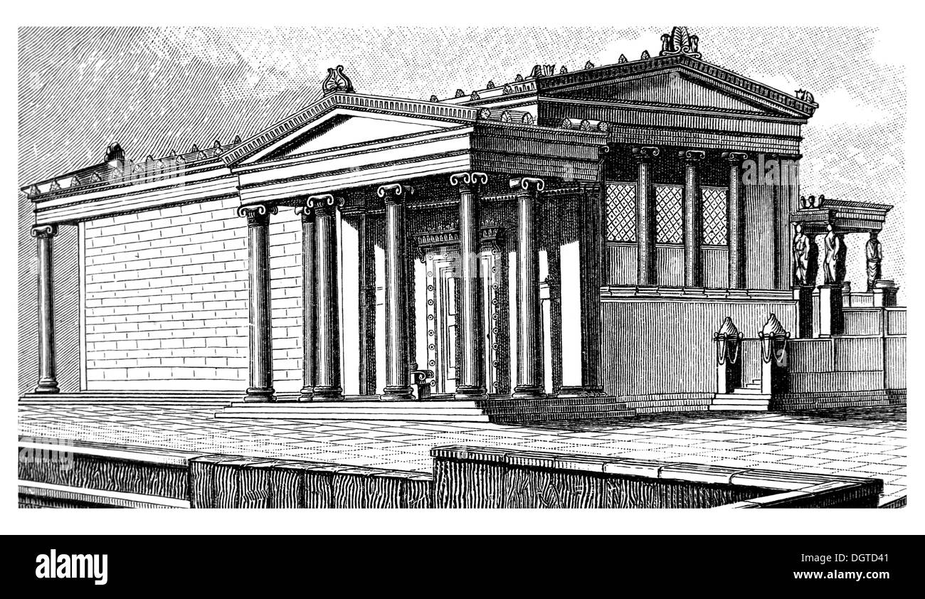 The Erechtheum of Athens, ca. 400 BC, Ionian style, illustration, Meyers Konversations-Lexikon encyclopedia, 1897 Stock Photo
