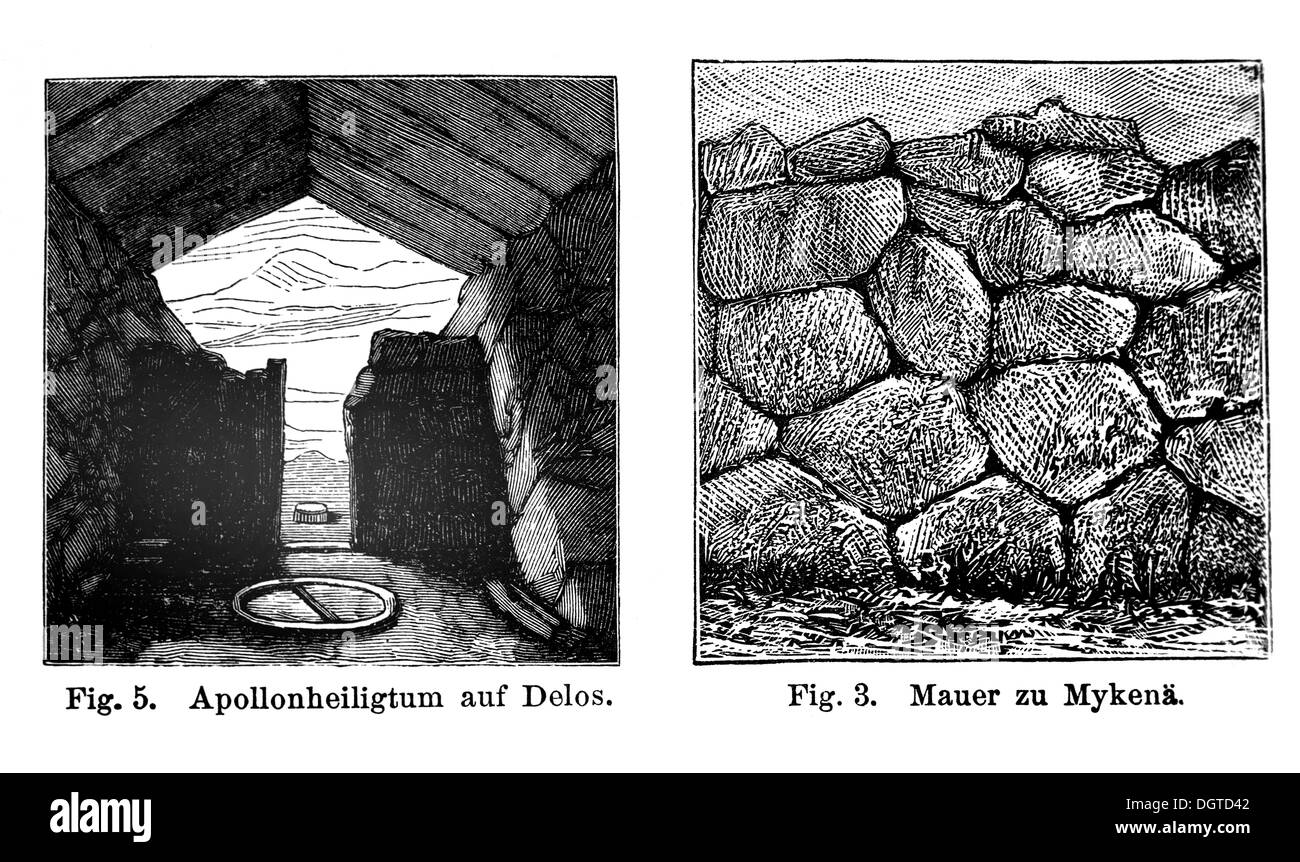 Sanctuary of Apollo at Delos, wall of Mykena, illustration, Meyers Konversations-Lexikon encyclopedia, 1897 Stock Photo