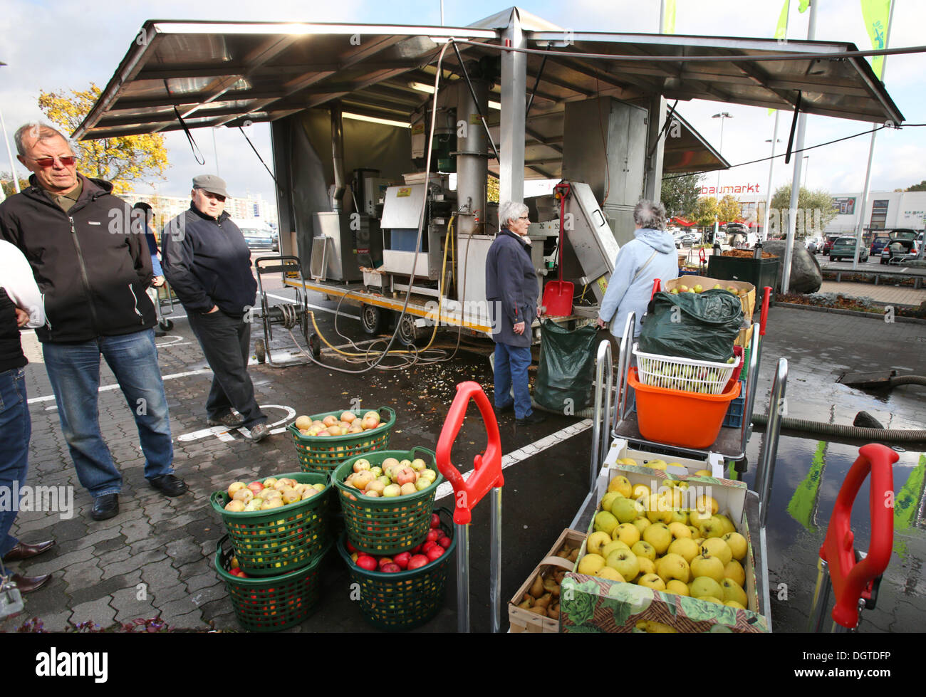 Rostock, Germany. 21st Oct, 2013. Gardeners brought fruit to the mobile apple-juice factory of the apple-juice factory Satow in Rostock, Germany, 21 October 2013. The facility which is moved to another town in the region every day can process up to 4,000 kilos a day. Photo: Bernd Wuestneck/ZB/dpa/Alamy Live News Stock Photo