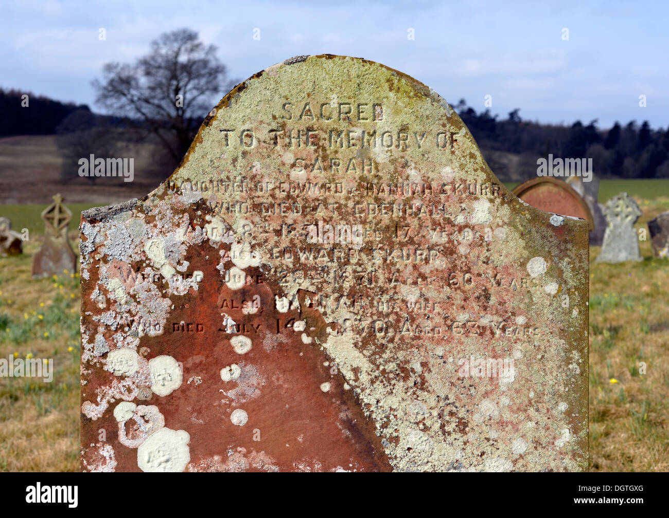 19th.century gravestone with lichen. Church of Saint Cuthbert. Edenhall, Cumbria, England, United Kingdom, Europe. Stock Photo