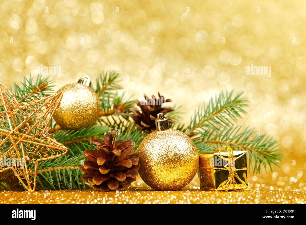 New year card with fir branch, decoration and gifts Stock Photo - Alamy