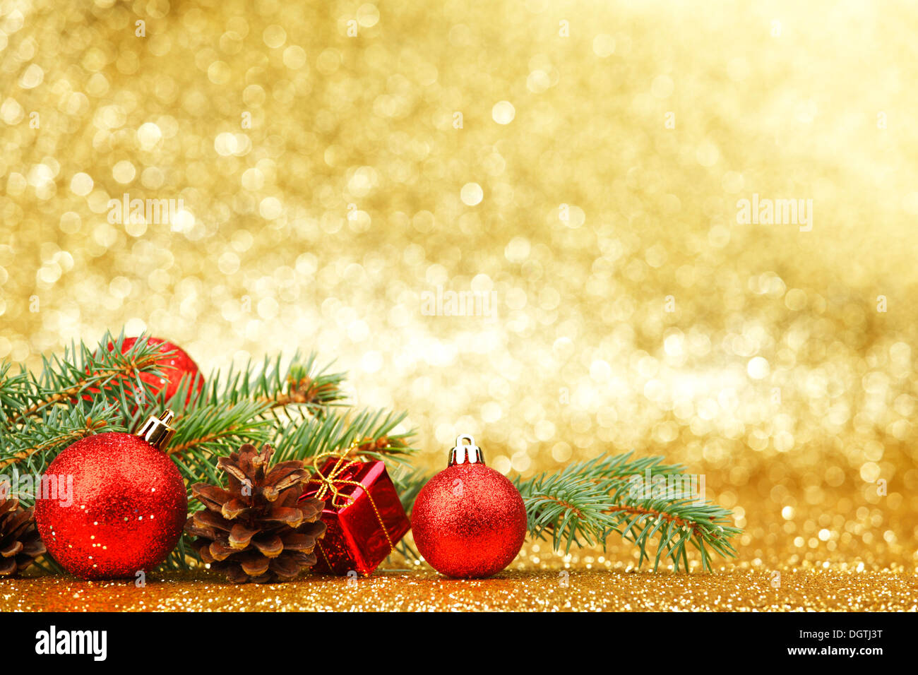 New year card with fir branch and decoration Stock Photo - Alamy