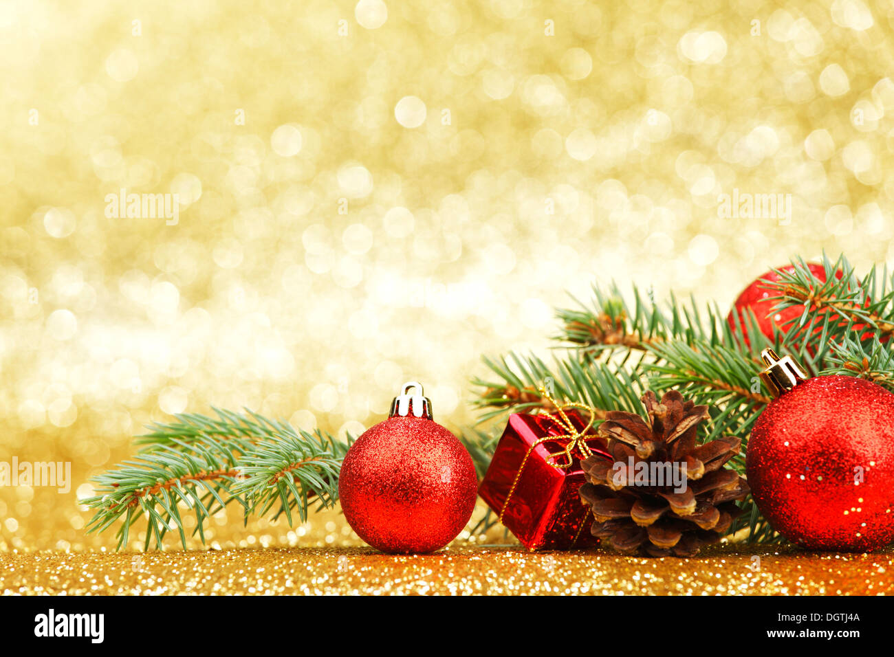New year card with fir branch and decoration Stock Photo - Alamy
