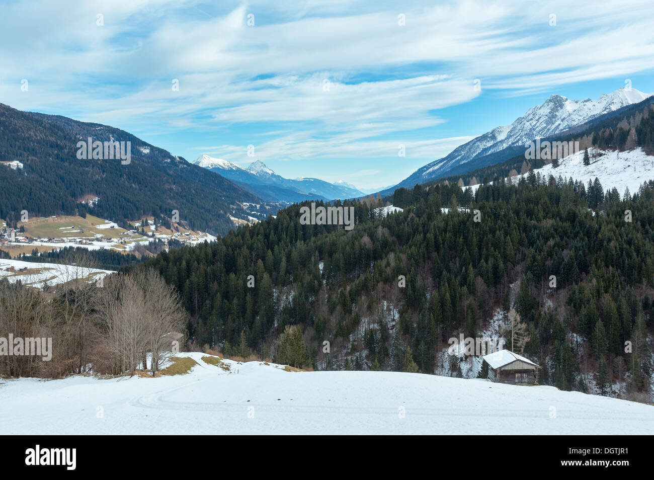 Mountain Obergail village outskirts in Lesachtal on Carinthia-East Tyrol border, Austria. Stock Photo