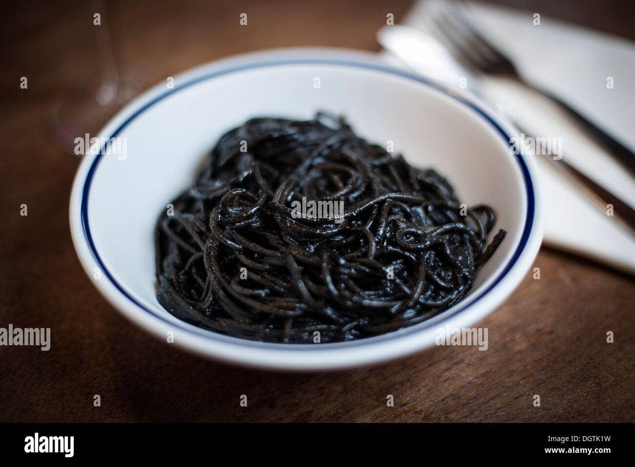 Squid ink spaghetti, Venice, Italy Stock Photo Alamy
