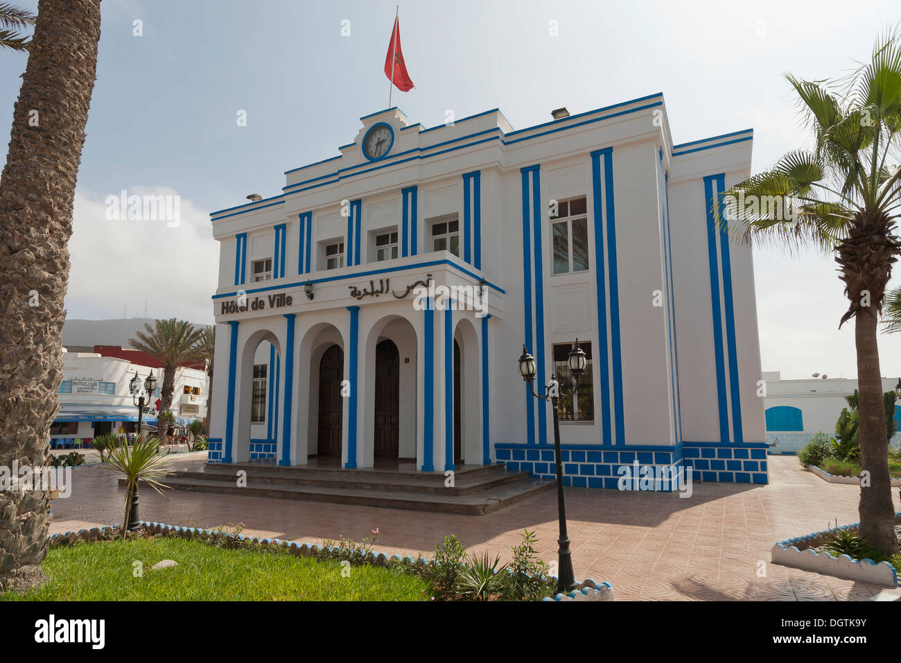 Hotel de Ville, the town hall in Plaza de Espana in the town of Sidi Ifni, Atlantic coast of Morocco Stock Photo