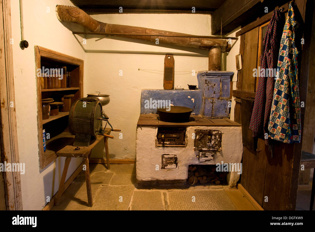 Historical kitchen in a farmhouse, open-air museum in Finsterau, Bavaria Stock Photo