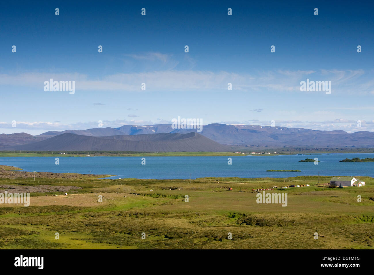 Lake Myvatn with the Hverfjall tephra cone in the back, Iceland, Europe Stock Photo