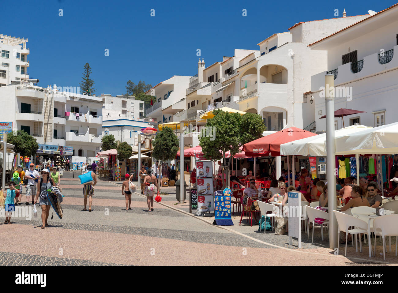 Portugal, the Algarve, Olhos d'Água street and restaurants Stock Photo