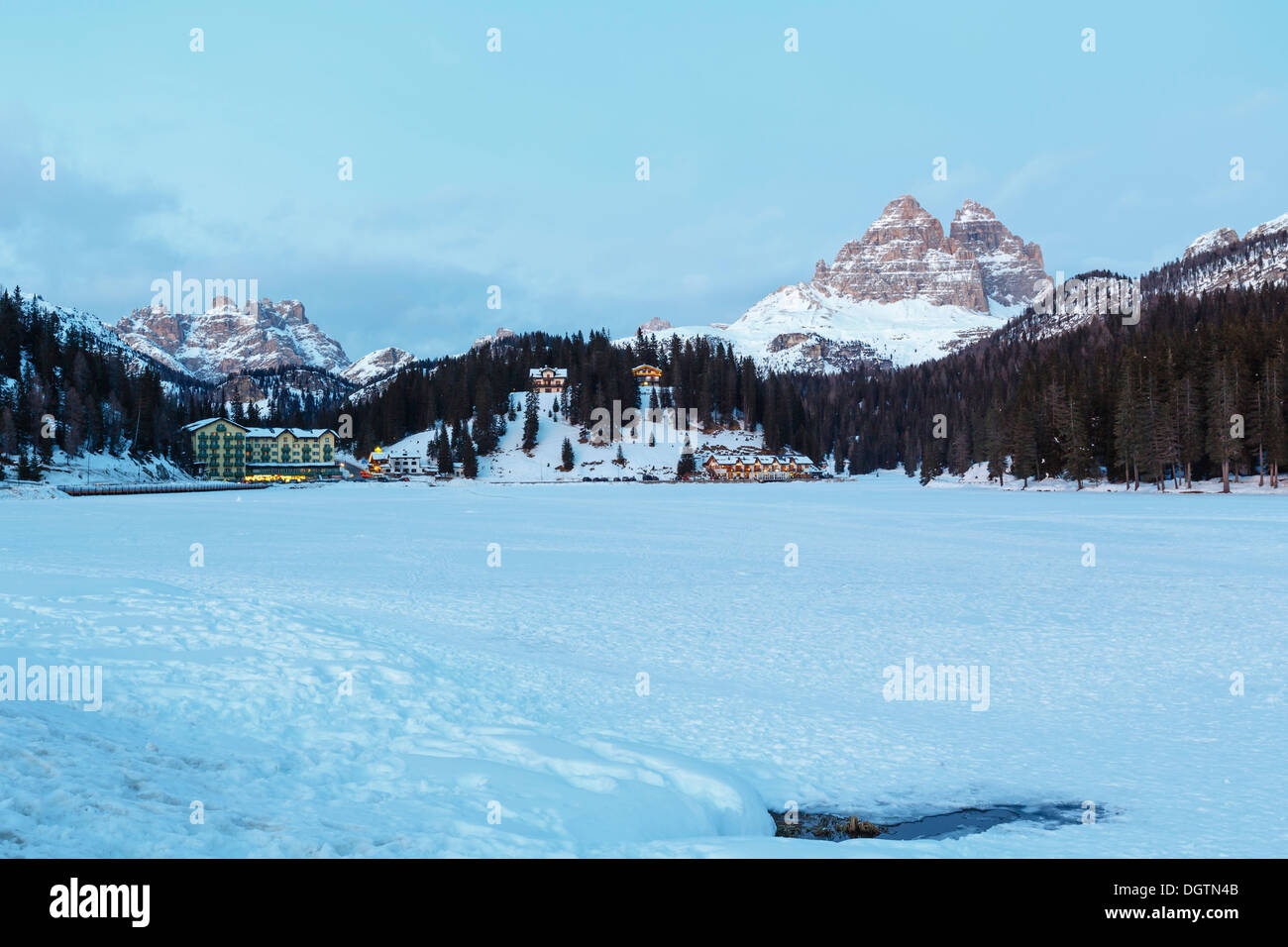 Beautiful winter frozen up Alpine lake Misurina view at Auronzo di Cadore (Italy) Stock Photo