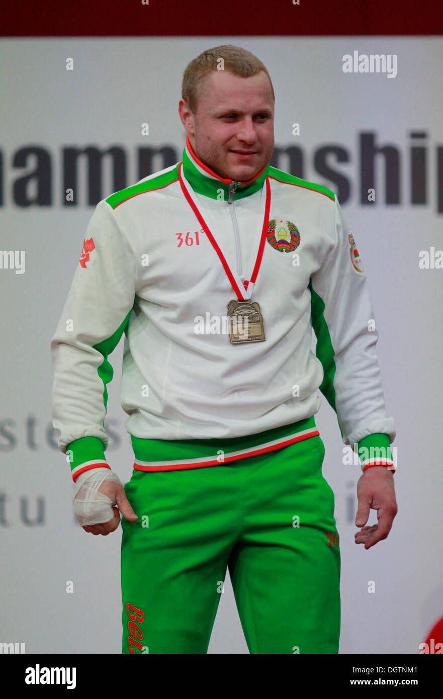 Wroclaw, Poland. 25th Oct, 2013. 1st in snatch Andrei Rybakou (BLR) on the podium of  Men's 85 KG Group A Final at 2013 IWF World Weightlifting Championships in Wroclaw, Poland, on Friday, October 25, 2013. Credit:  Piotr Zajac/Alamy Live News Stock Photo
