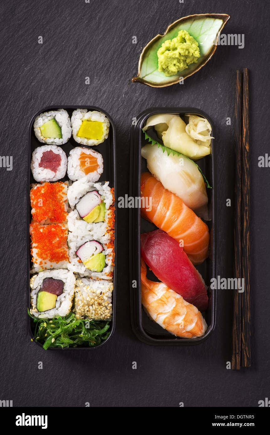 bento box with sushi and rolls Stock Photo Alamy