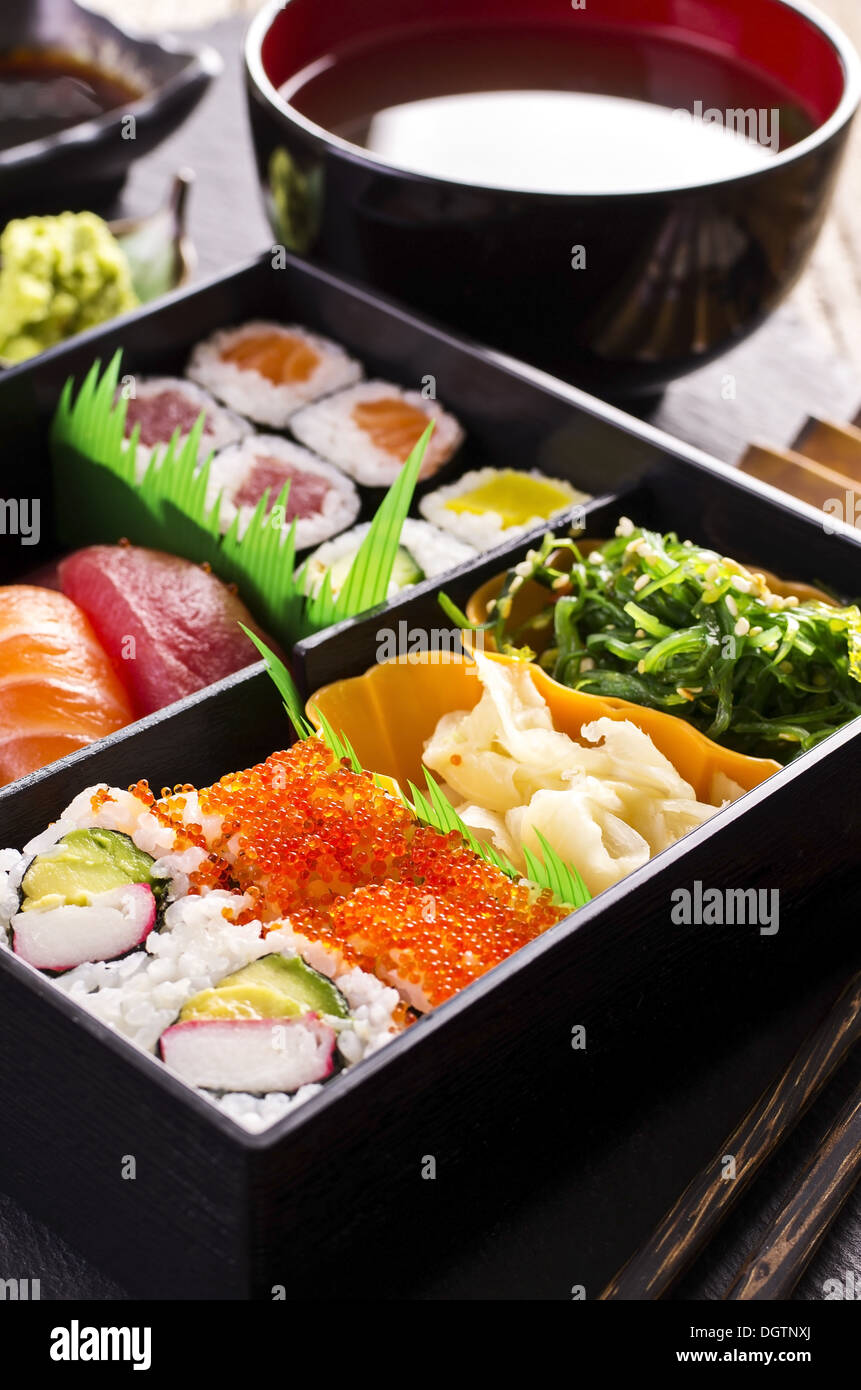 bento box with sushi and rolls Stock Photo Alamy