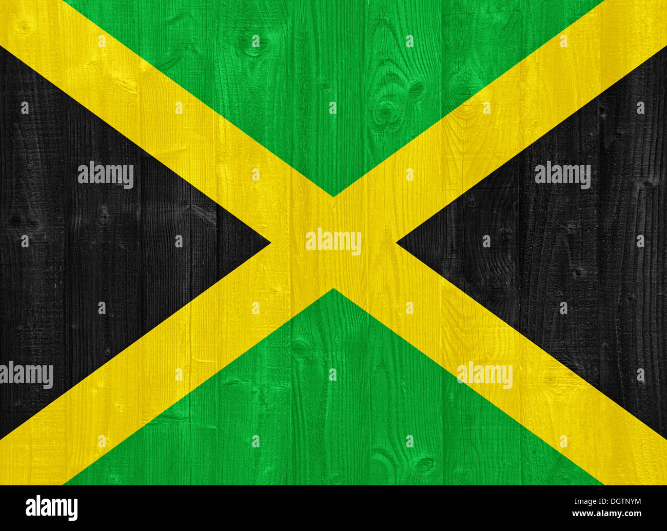 gorgeous Jamaica flag painted on a wood plank texture Stock Photo