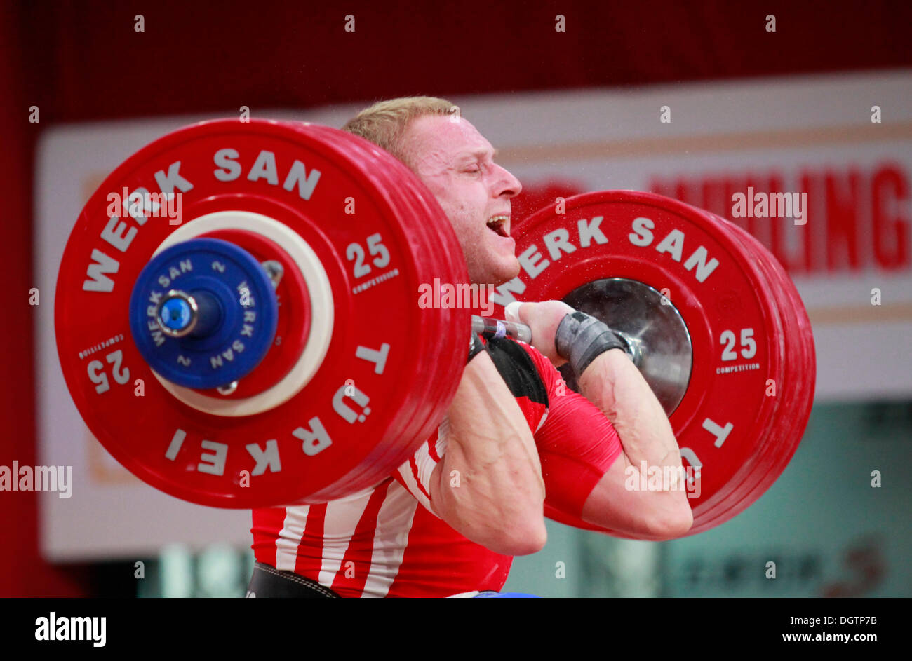 Wroclaw, Poland. 25th Oct, 2013. Andrei Rybakou (BLR) during Men's 85 KG Group A Final at 2013 IWF World Weightlifting Championships in Wroclaw, Poland, on Friday, October 25, 2013. Credit:  Piotr Zajac/Alamy Live News Stock Photo