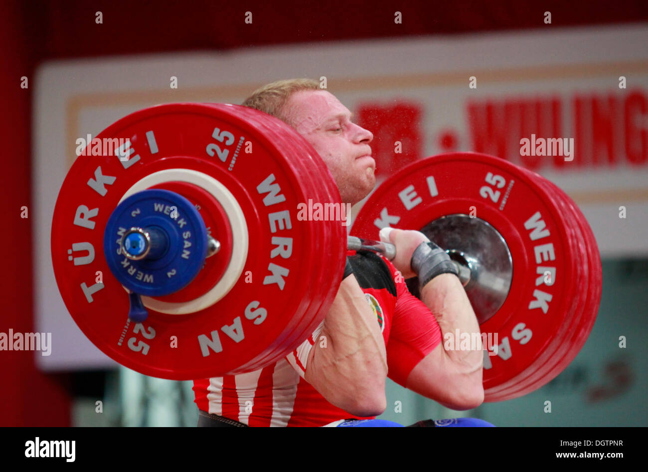 Wroclaw, Poland. 25th Oct, 2013. Andrei Rybakou (BLR) during Men's 85 KG Group A Final at 2013 IWF World Weightlifting Championships in Wroclaw, Poland, on Friday, October 25, 2013. Credit:  Piotr Zajac/Alamy Live News Stock Photo