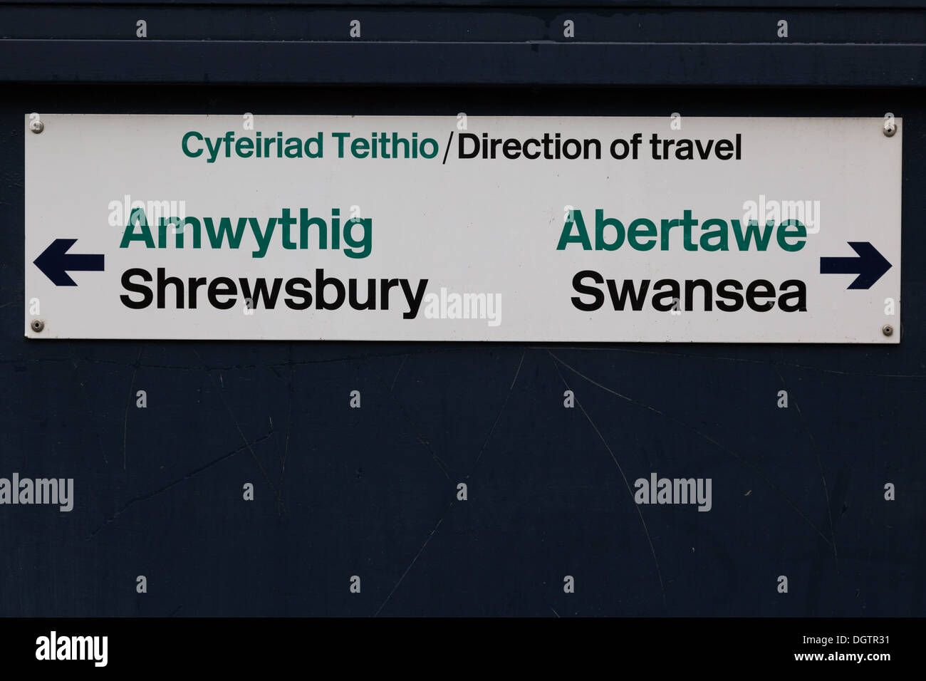 Sign for Shrewsbury and Swansea at Cynghordy Railway Station on the