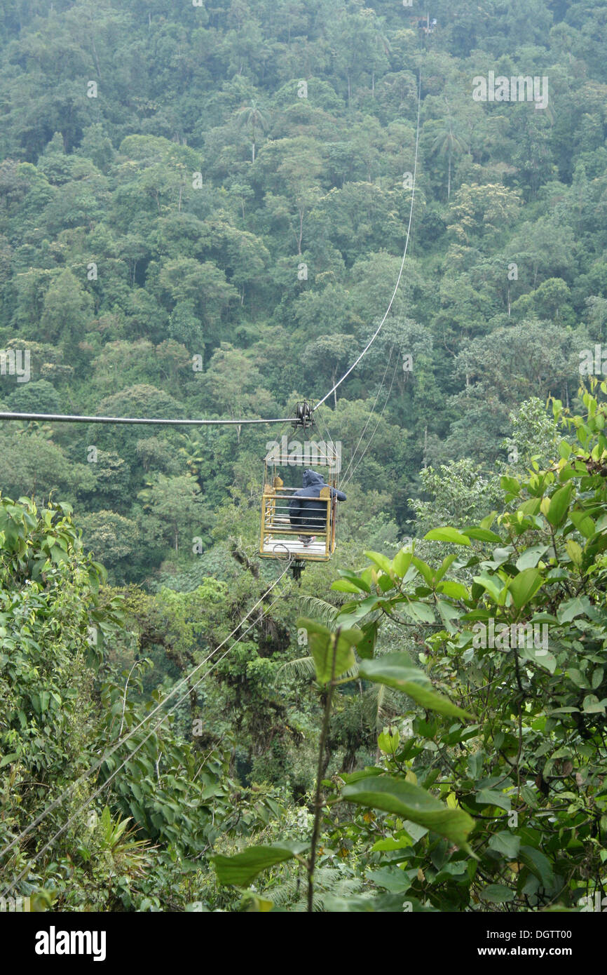 An open cable car crossing a ravine in the cloud forest in Mindo, Ecuador Stock Photo