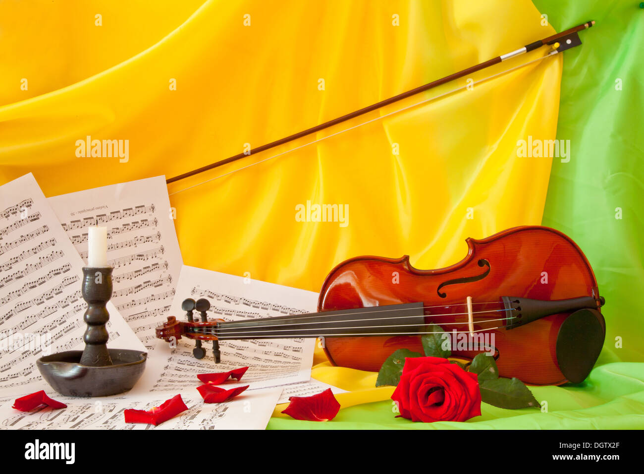 Viola with red roses on notes sheet Stock Photo Alamy