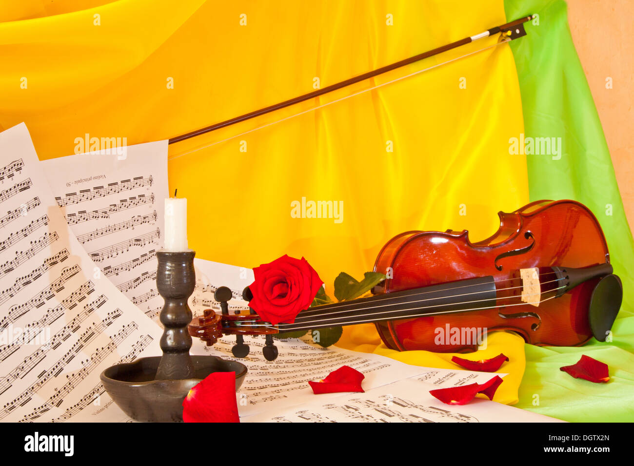Viola with red roses on notes sheet Stock Photo Alamy