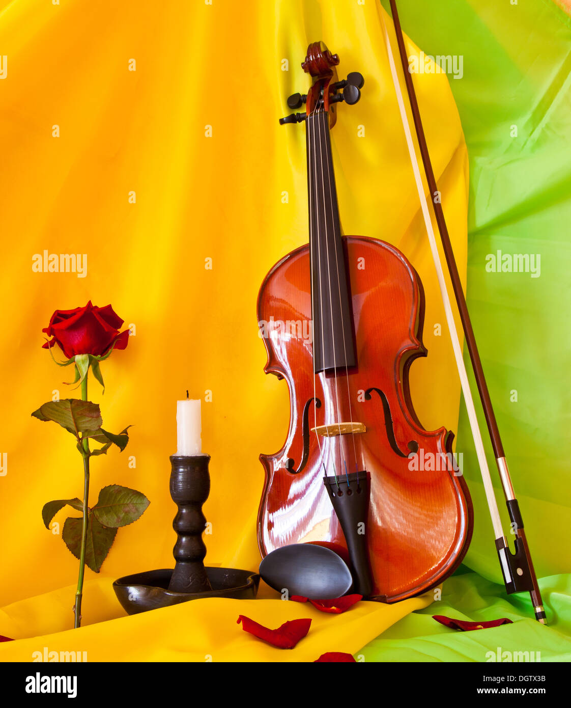 Viola with red roses on notes sheet Stock Photo
