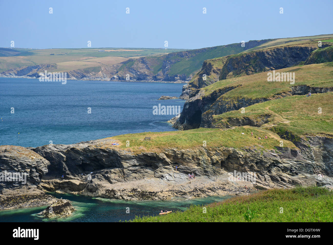 Coastal view from coastal path, Port Gaverne, Port Isaac, Cornwall, England, United Kingdom Stock Photo