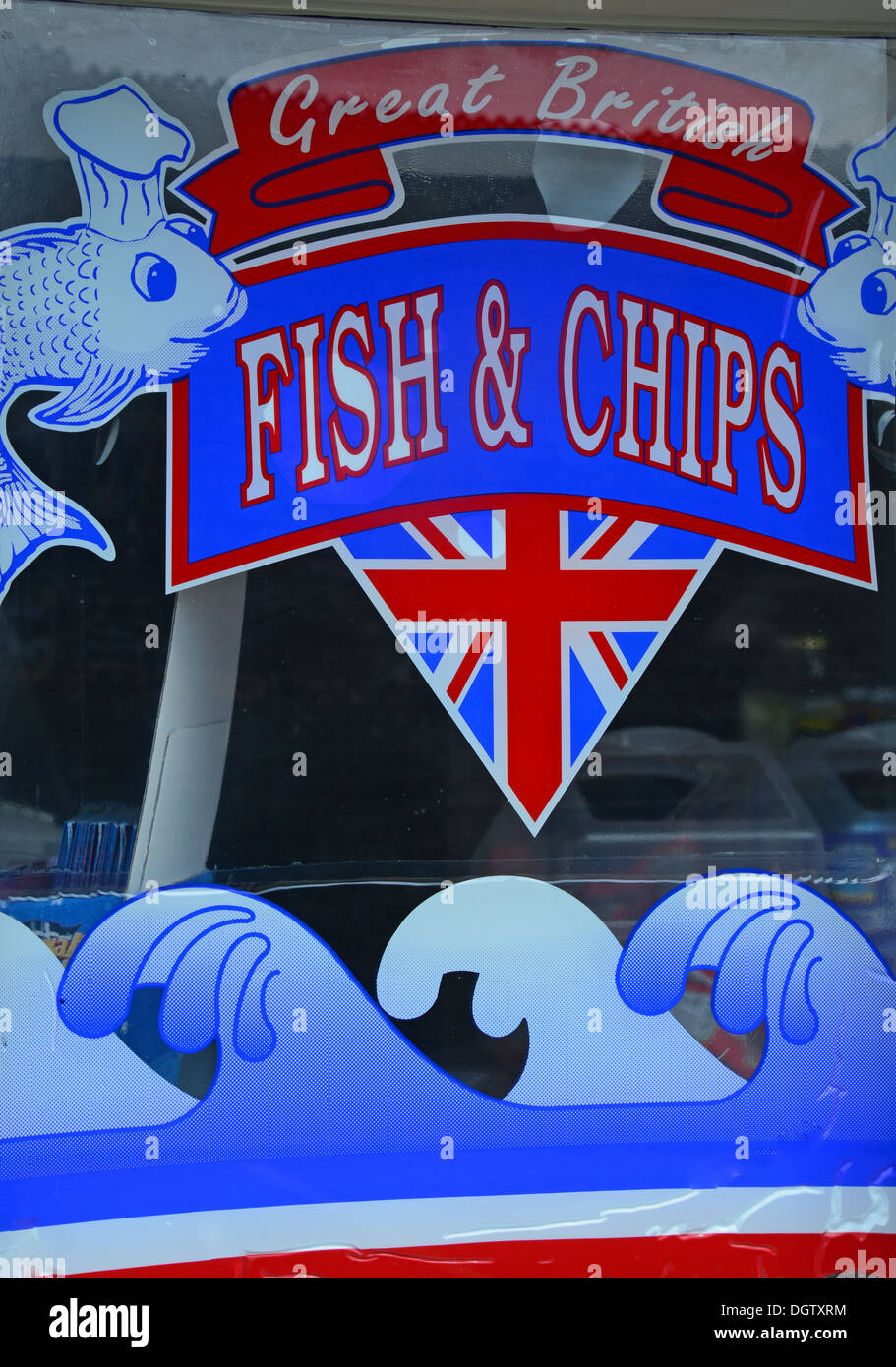 Great British Fish & Chips restaurant window, Fore Street, Port Isaac, Cornwall, England, United Kingdom Stock Photo