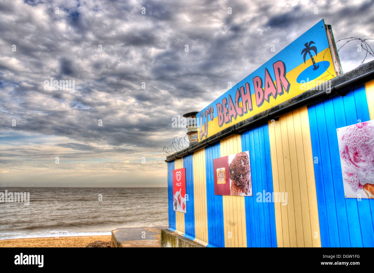 A beach front ice cream shop on Clacton beach, ClactononSea, Essex