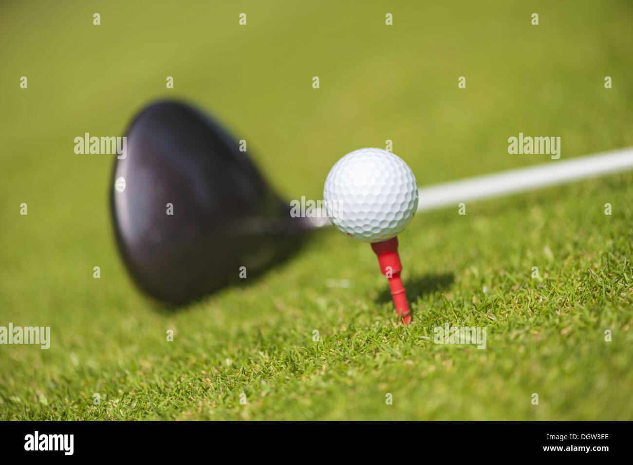 Golf club, golf ball and red tee Stock Photo