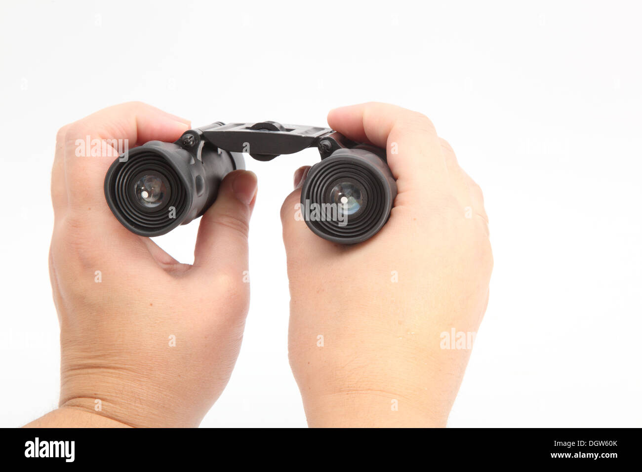 binoculars in hands isolated on white background Stock Photo Alamy