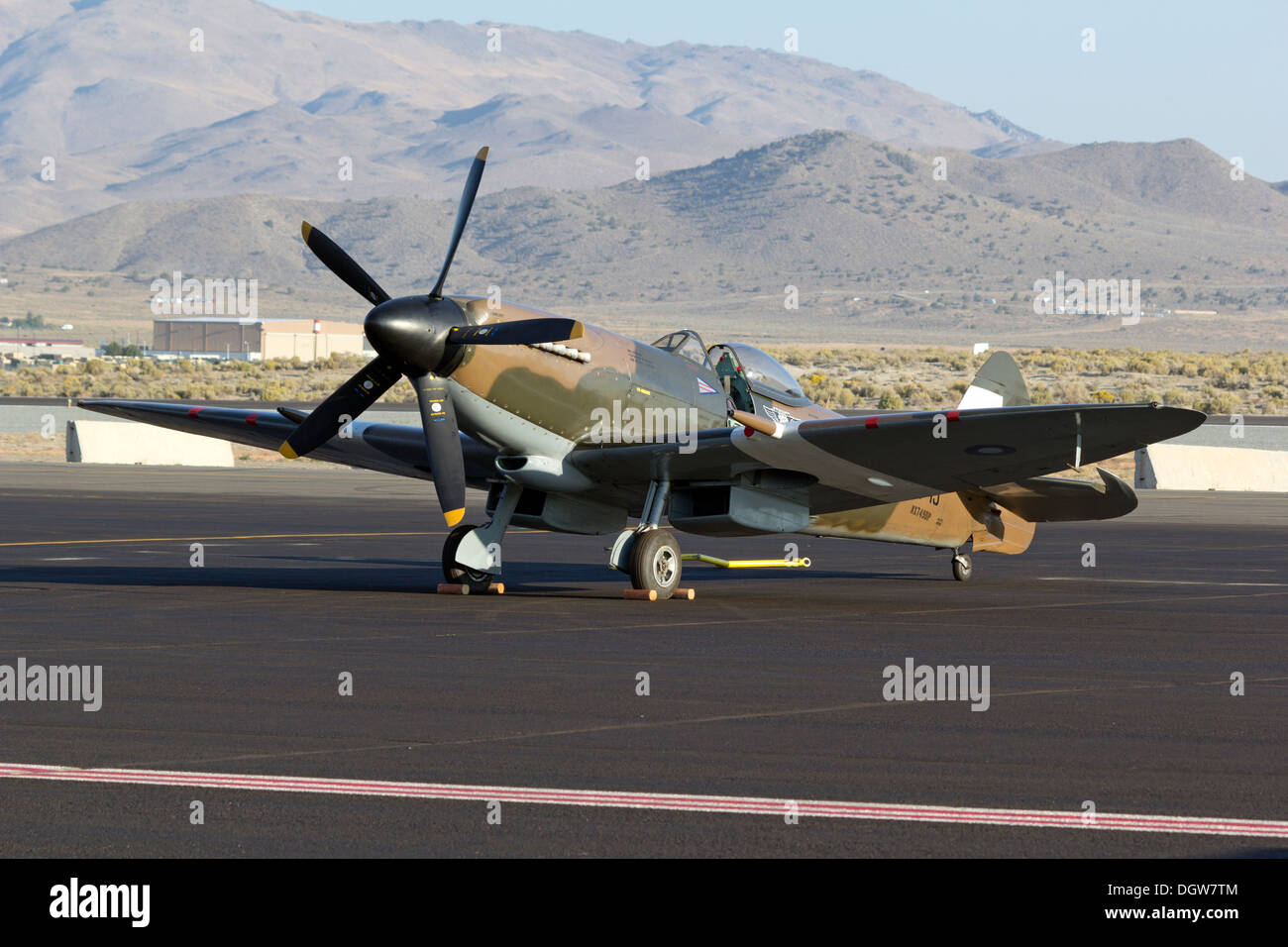 Mk. XIV Supermarine Spitfire sits on the tarmac at Stead Field in Nevada Stock Photo