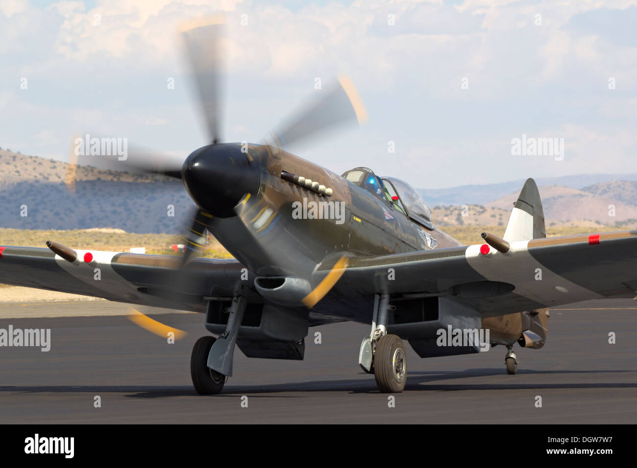 Mk. XIV Supermarine Spitfire taxis on the tarmac at Stead Field in Nevada Stock Photo