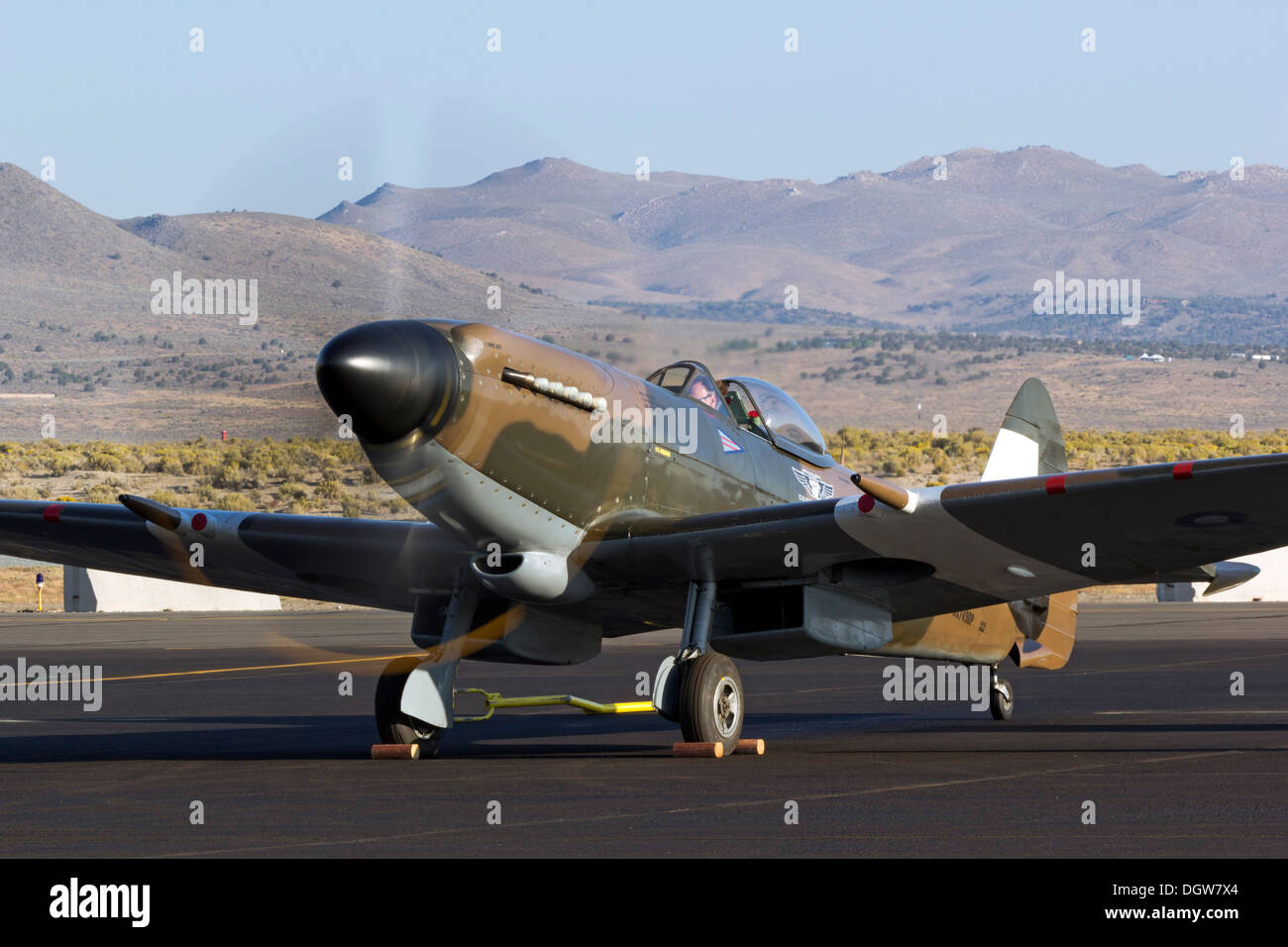 Mk. XIV Supermarine Spitfire does an engine run at Stead Field in Nevada Stock Photo