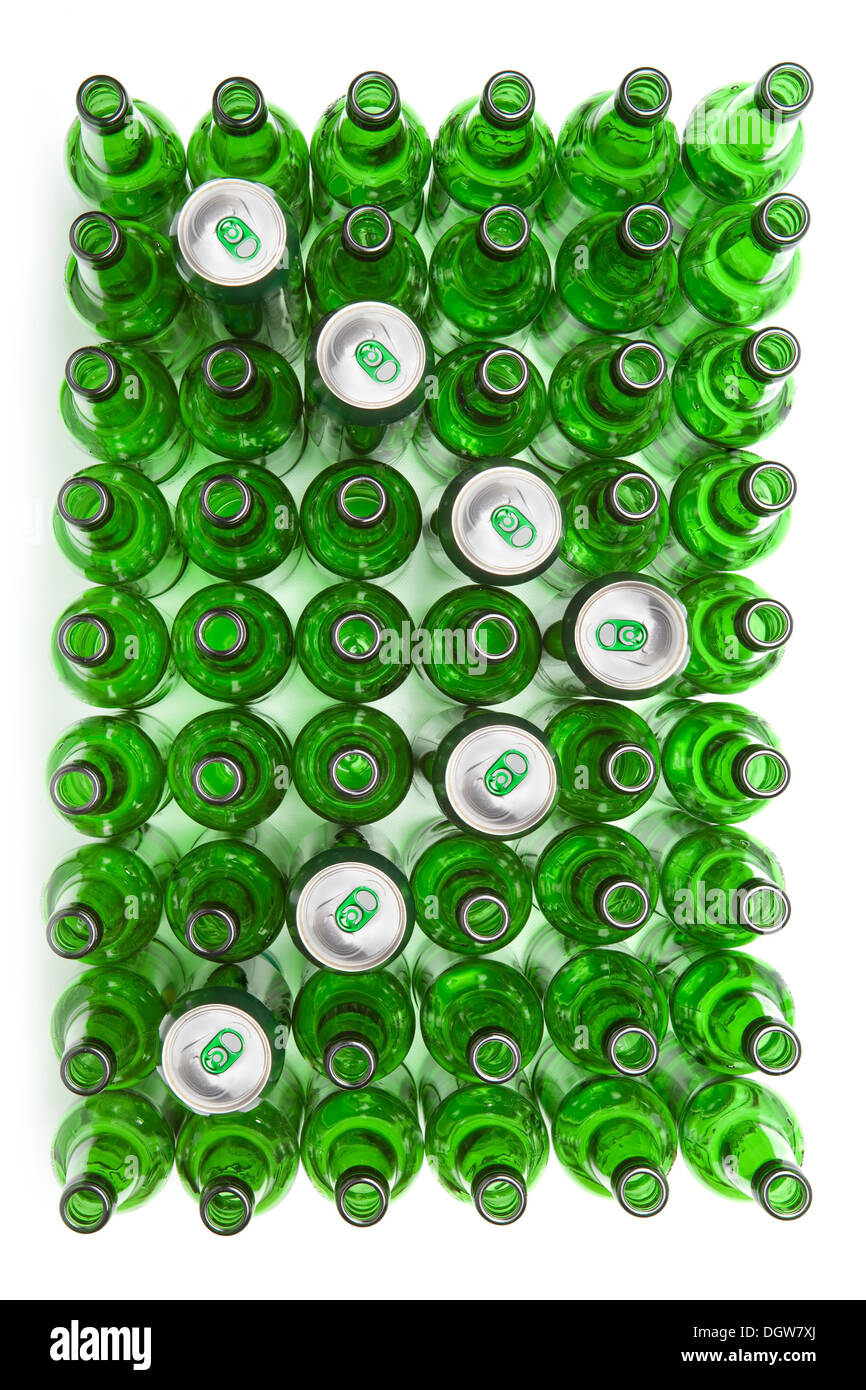 Empty glass beer bottles and cans Stock Photo