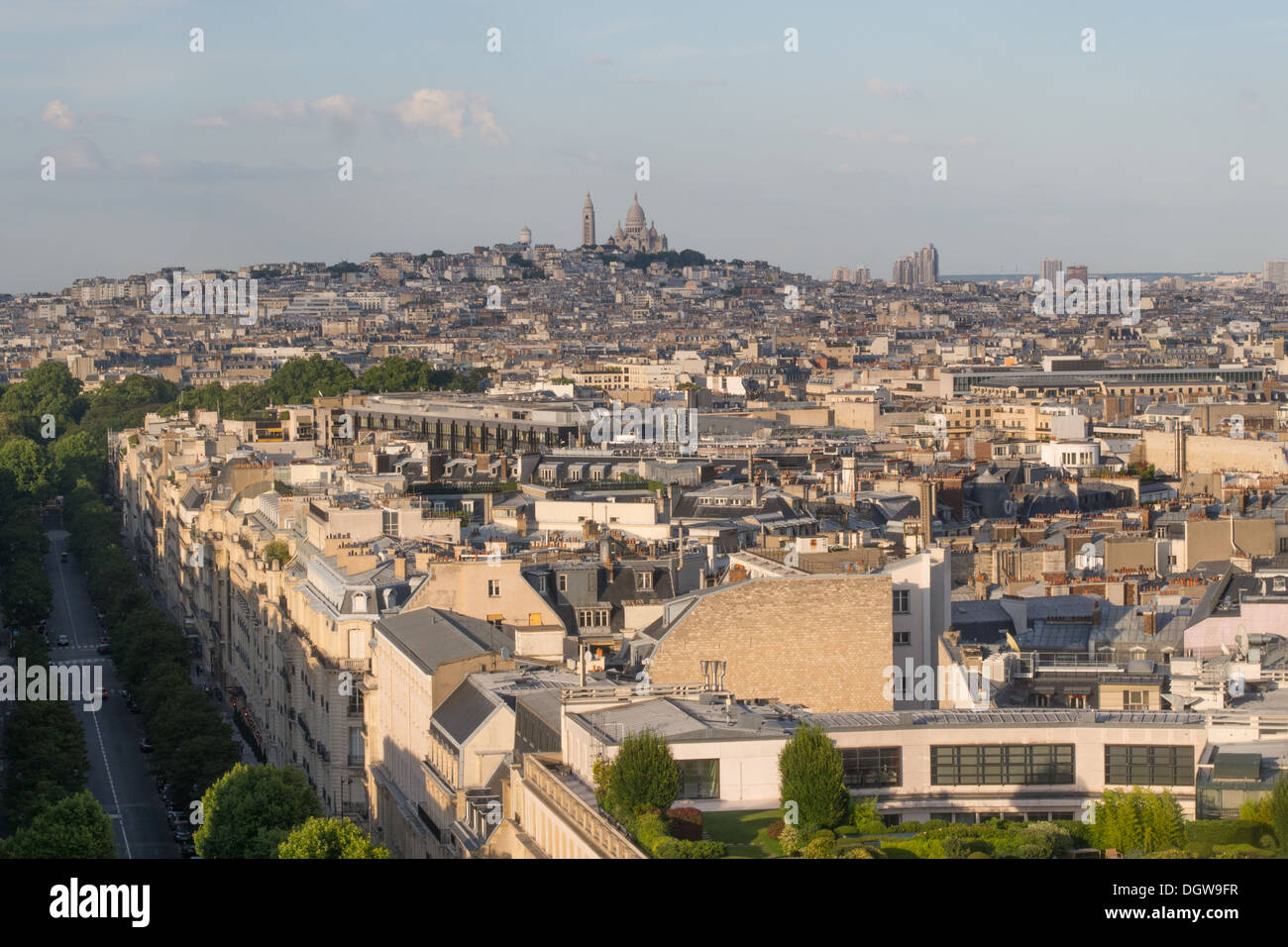 View from the Arc de Triumph/Triomphe, Paris, France, with the Sacre Coeur church in the background at Montmartre. Stock Photo