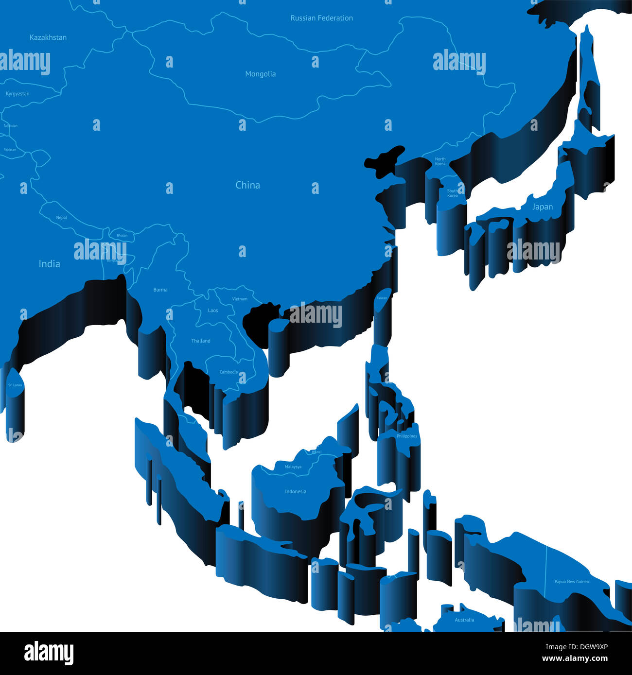 Map of South-East Asia Region with national borders and country names. Stock Photo