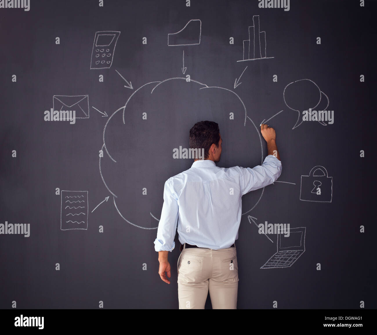 Businessman writing a cloud computing diagram on the chalkboard Stock Photo