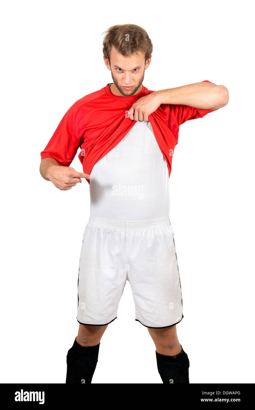 Football player showing under shirt where you can place your text Stock