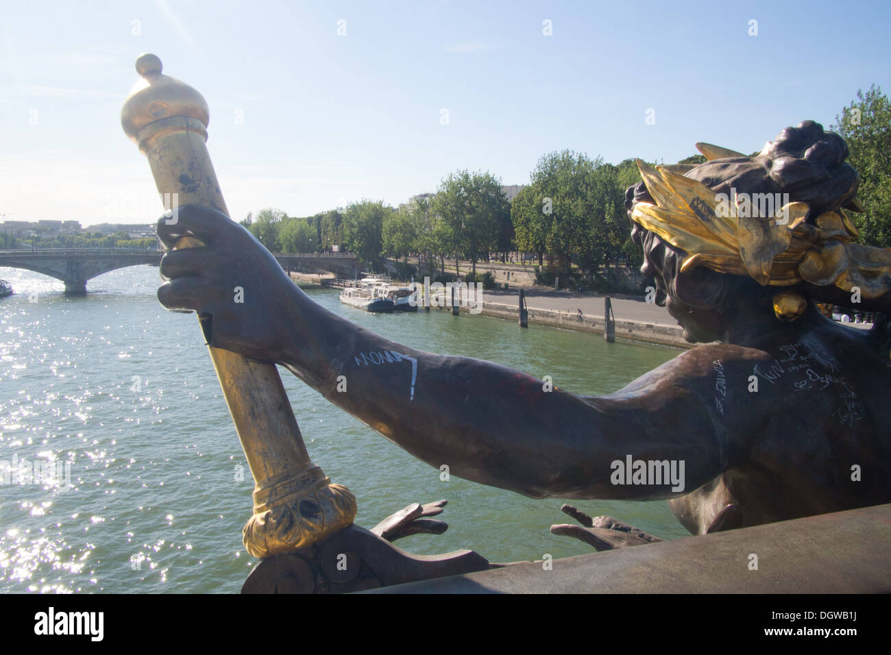 Statue on the Alexandra III bridge over the river Seine, Paris, France. Stock Photo