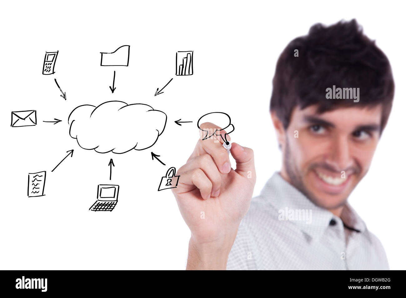 Businessman writing a cloud computing diagram on the whiteboard (selective focus) Stock Photo