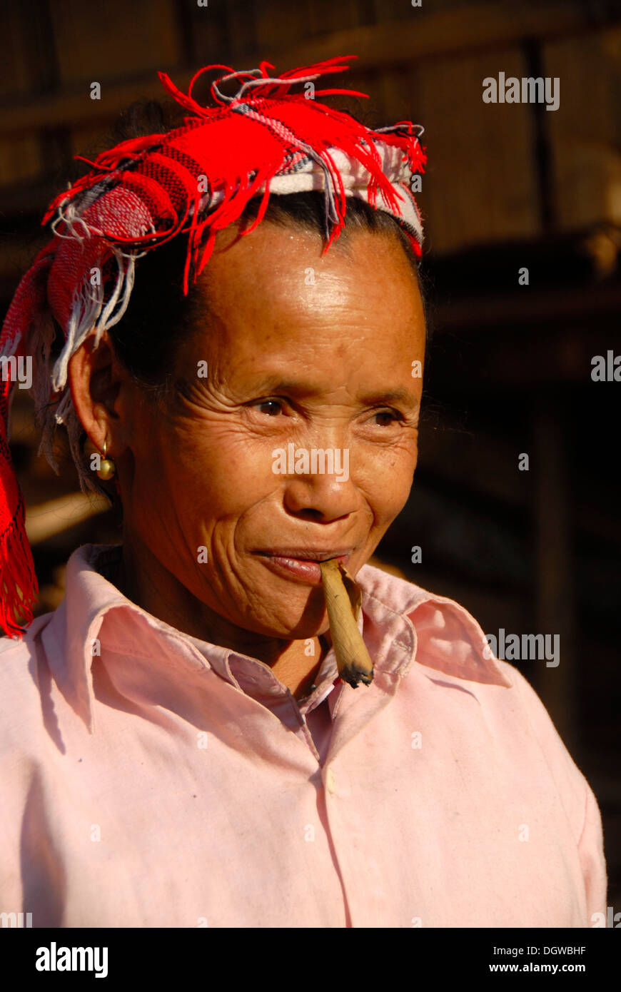 Portrait, woman of the Lao Seng ethnic group smoking a cigar, colorful headscarf, Ban Sopkang, Phou Den Din National Protected Stock Photo