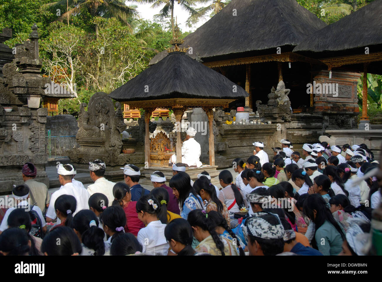 Bali Hinduism, believers meeting in prayer ceremony with Brahmin priest, shrine with sacred spring, Pura Tirta Empul Temple Stock Photo