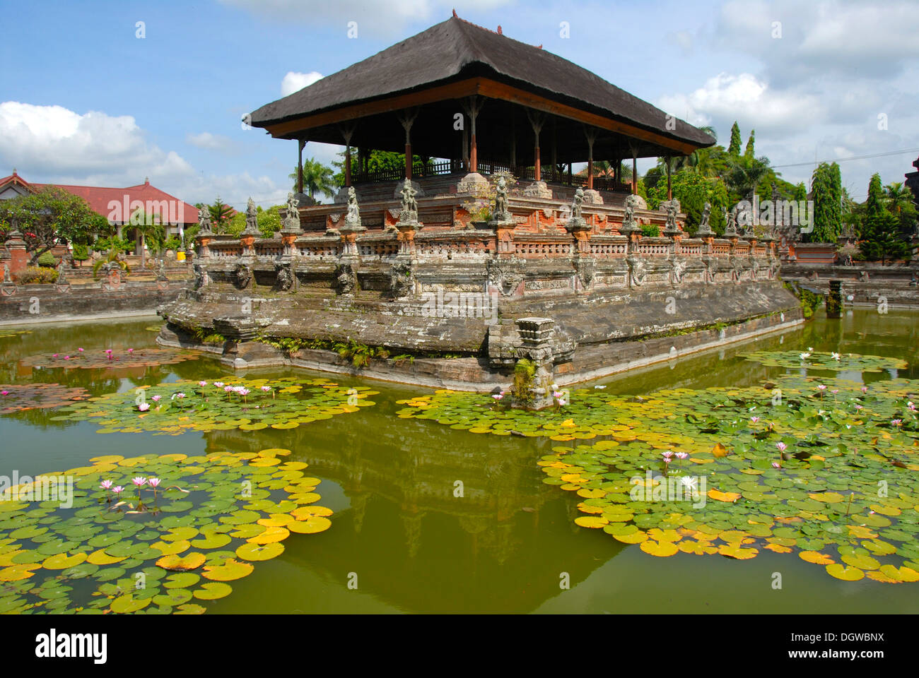 Royal Palace, pond with water lilies, floating pavilion Bale Kambang, palace Taman Gili, Klungkung, Semarapura, Bali, Indonesia Stock Photo