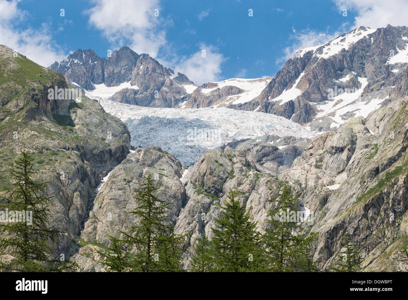 The foot of the Glacier Blanc taken from the valley below in July 2013 Stock Photo