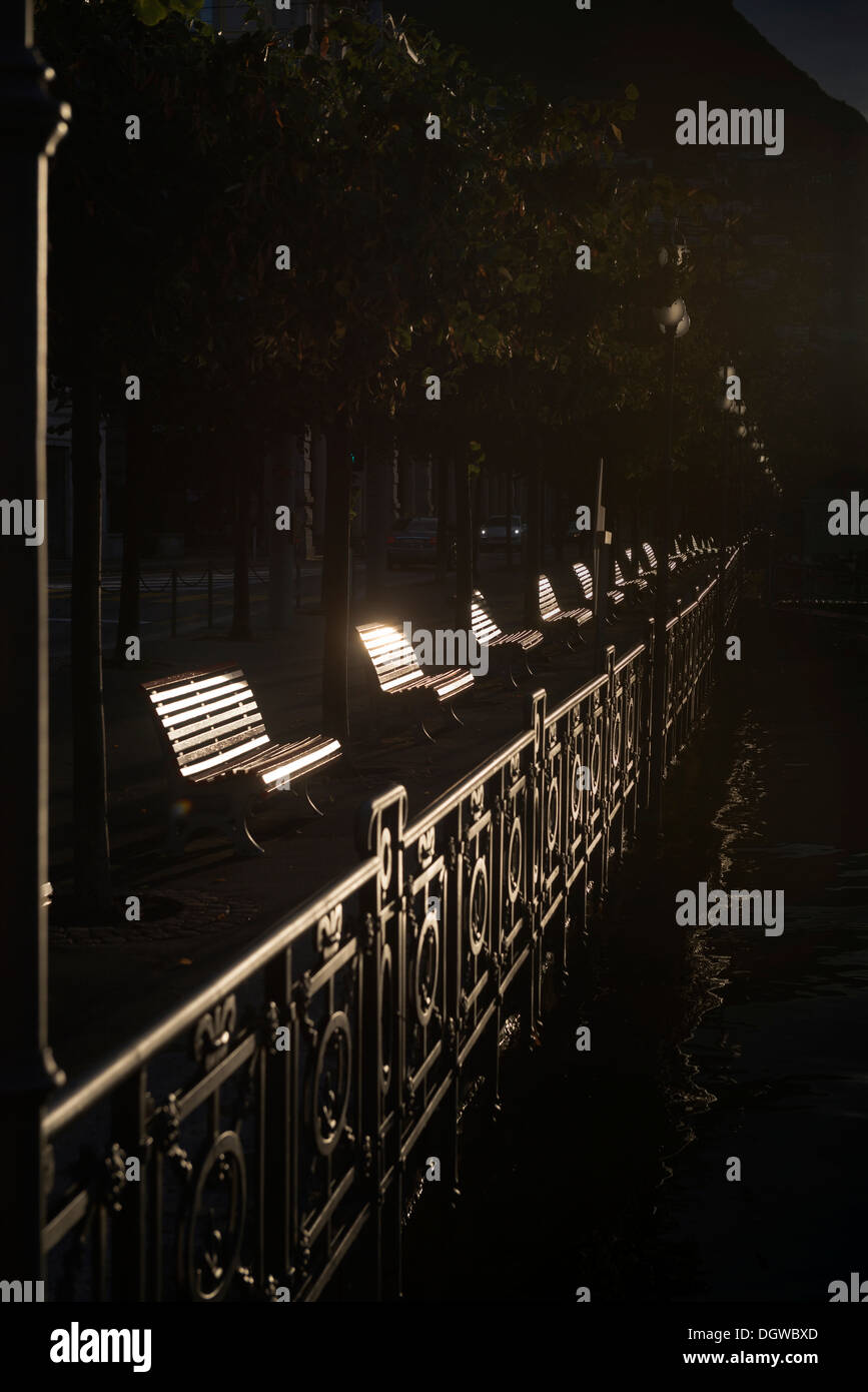 Early morning light illuminating the lakeside public benches at Lugano, Canton Ticino, Switzerland Stock Photo